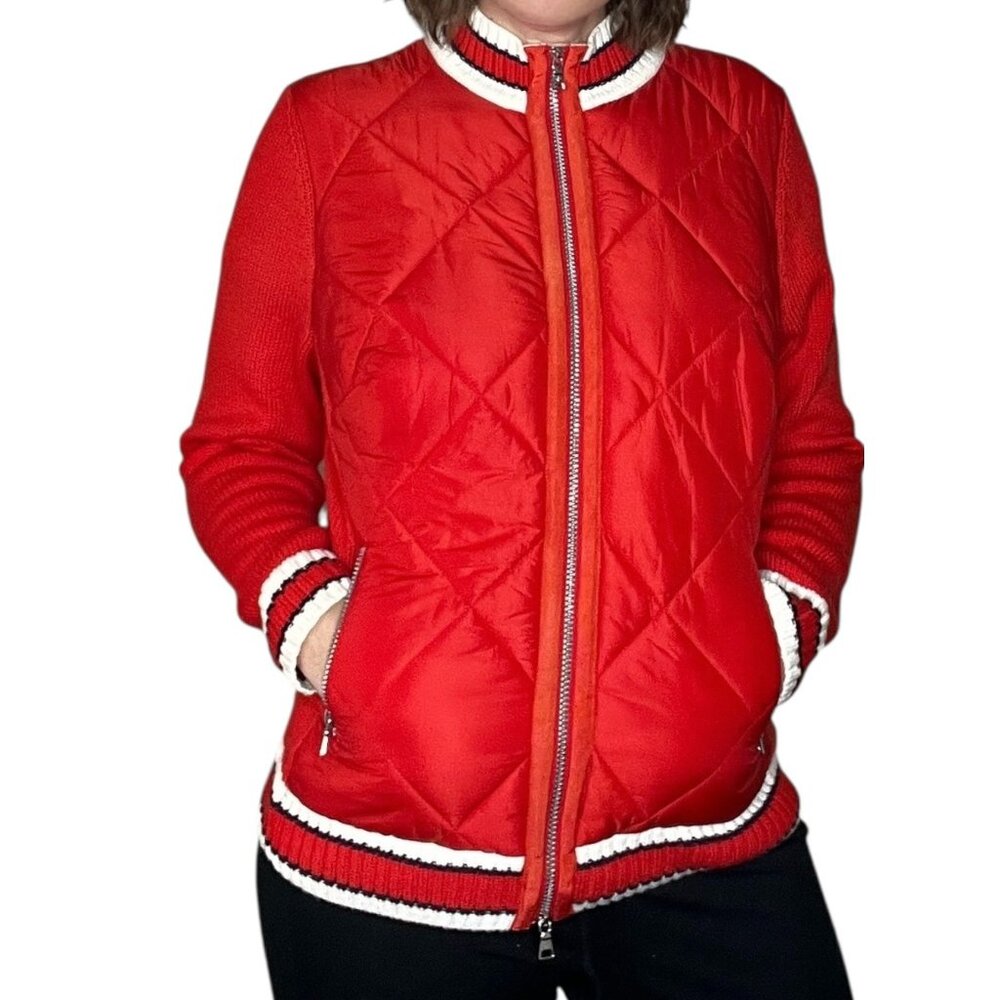 Walbusch Vintage Knit Quilted Puffer Jacket Red Cotton Cashmere Women's Large 42